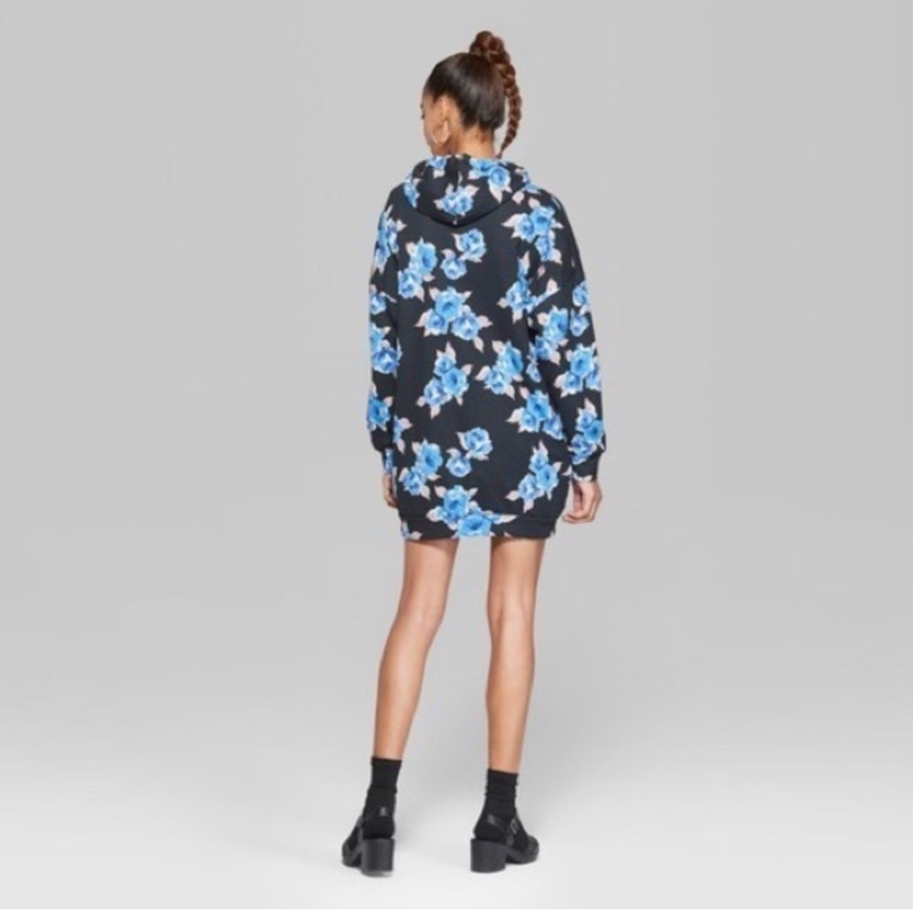Wild Fable Black and Blue Long Sleeve Floral Hooded Sweatshirt Dress Size Large - Picture 3 of 9